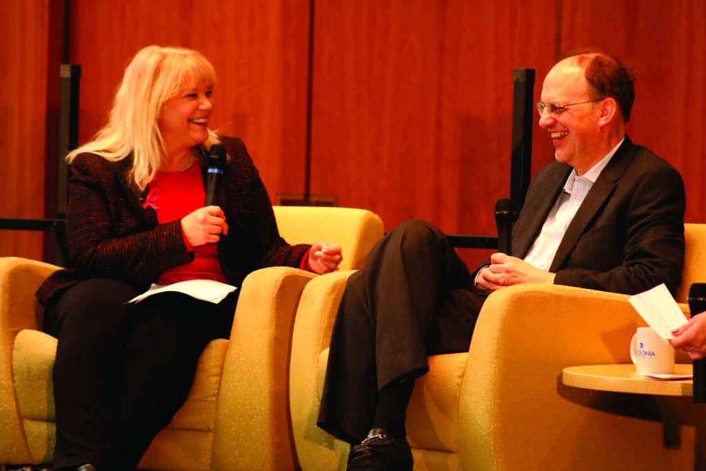 President Virginia Horvath (left) interviews Randy Cronk (right) during Professional Development Day.Photo by Clare Osborn