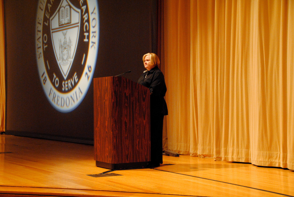 Judy Shepard visits King Concert Hall in Fredonia to discuss hate crime and civil rights.Photo by Sarah Fuller