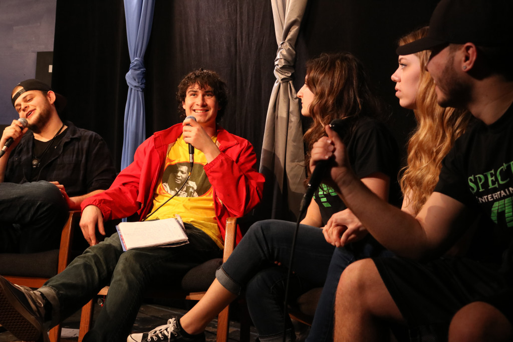 (From left to right) Jake Jablonski, Dan Sapienza, Rachel Ando, Meghan Flynn, and Julian Hernandez discuss the spring concert headliner, Sammy Adams, on WNYF’s Fred Before Bed.Photo by Kyle Vertin