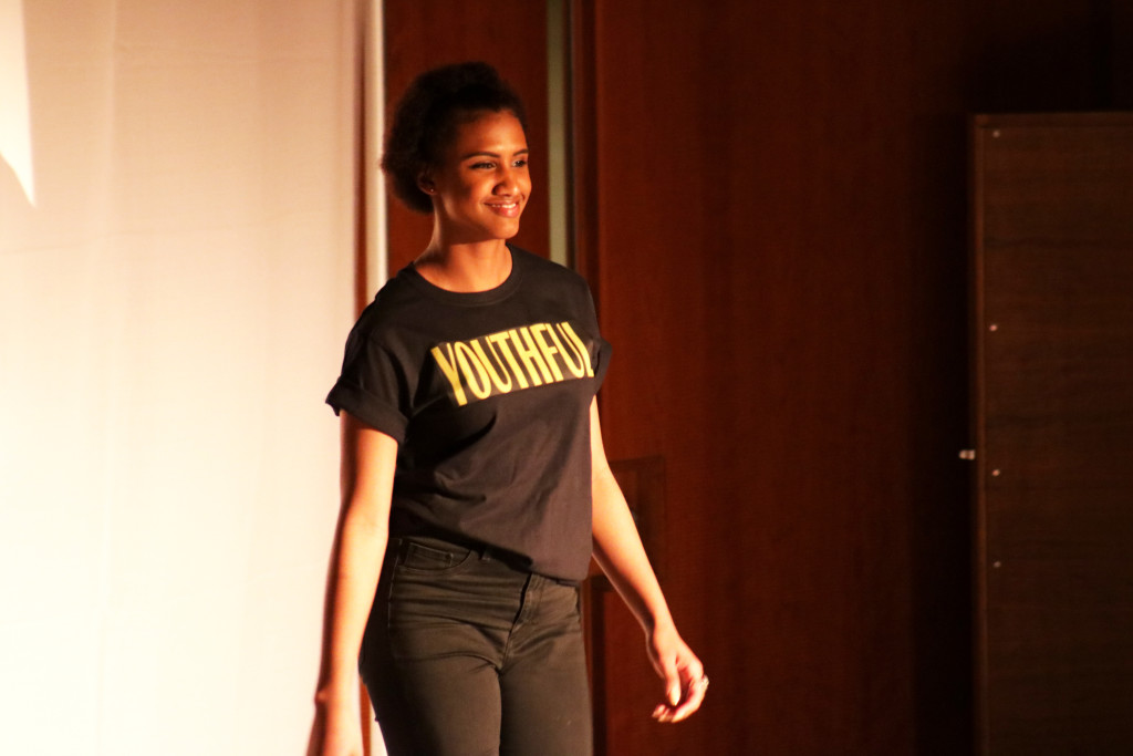 The BSU Fashion Show featured Stacy Diaz wearing a design by Skylr Carrow.Photo by Kyle Vertin