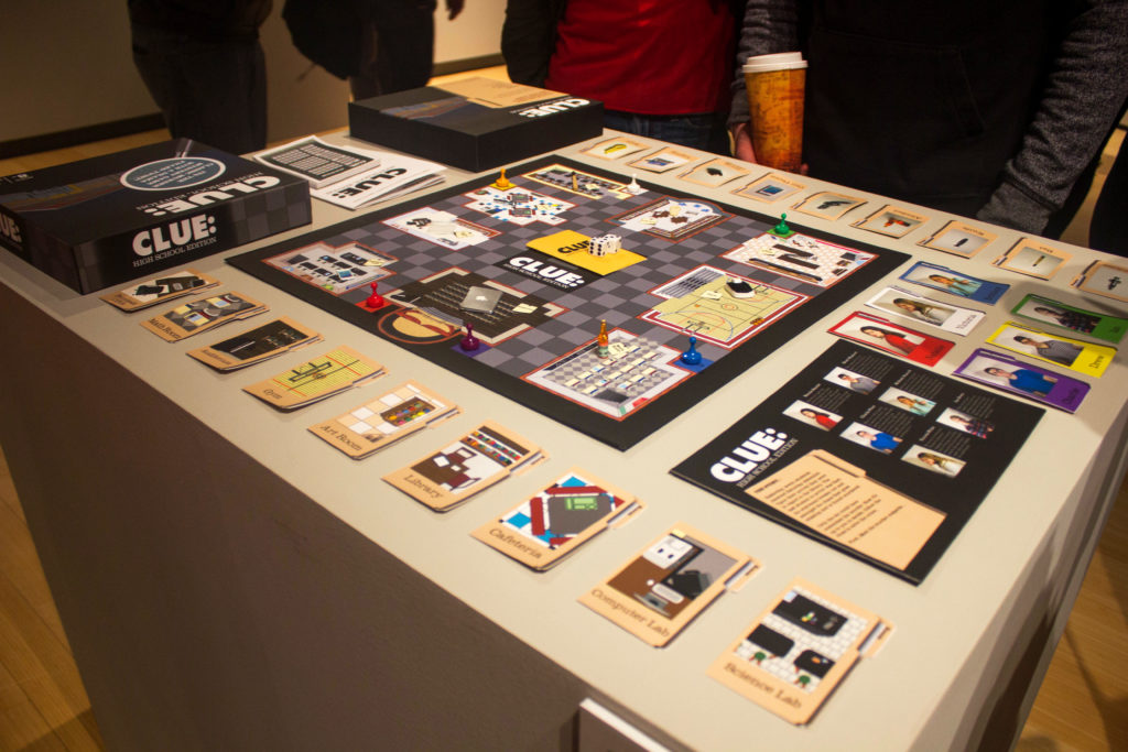 A board game made by Kelsey Rossignol entitled CLUE: High School Edition, made using digital printPhoto by Corey Maher