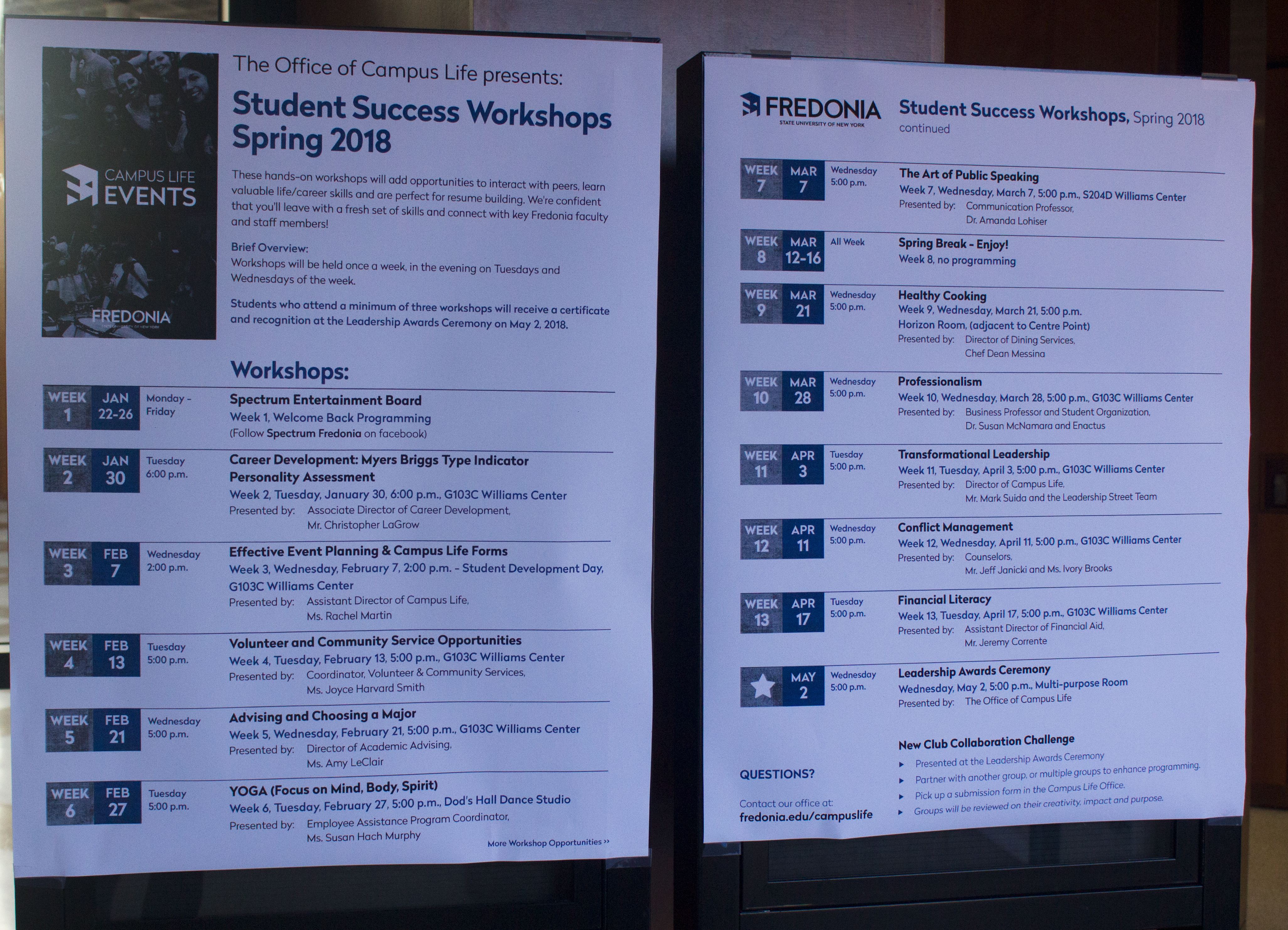 A list of upcoming Student Success Workshops is currently on display in the Williams Center.(Angelina Dohre/Photo Editor)